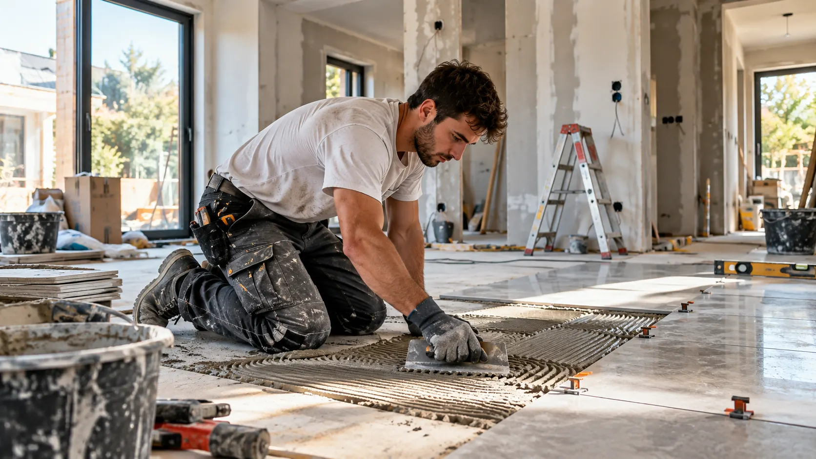 Artisan au travail sur un chantier de rénovation